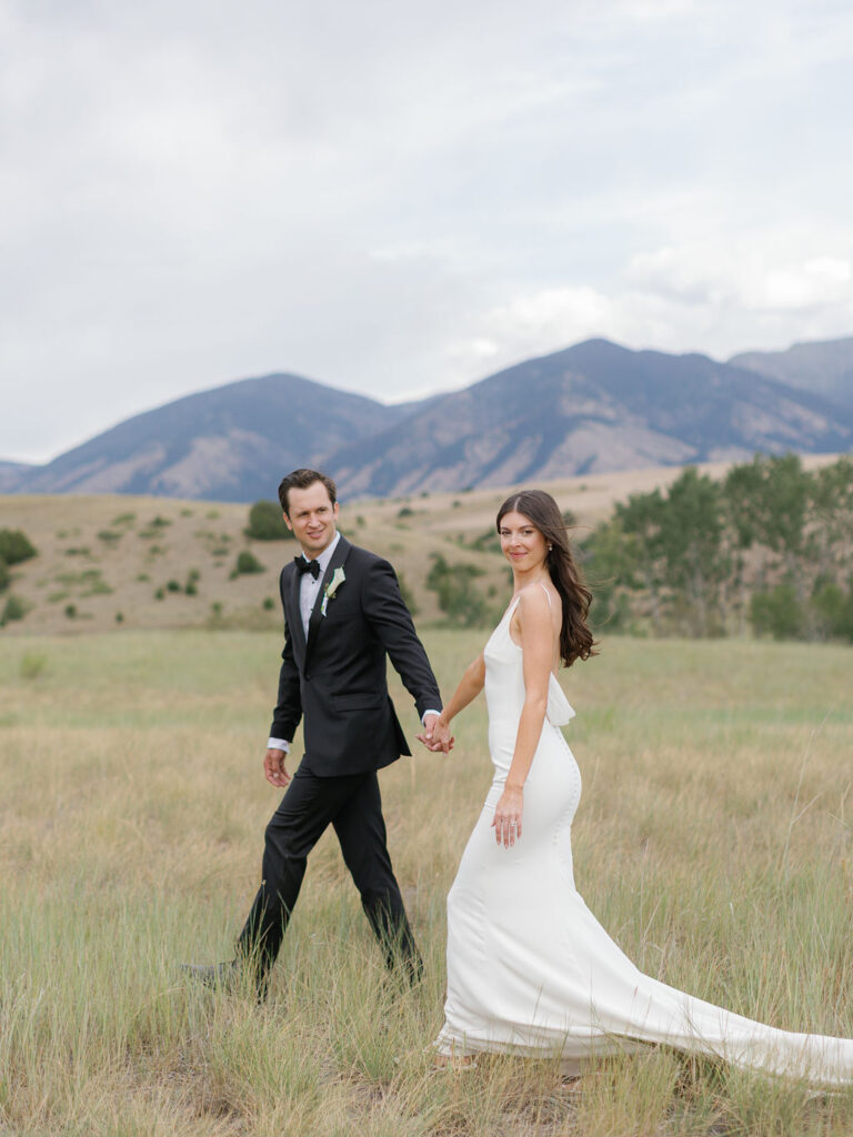 Foster Creek Farm Wedding Montana bride and groom walking
